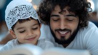 Middle Eastern father and son sharing tender moment while reading book together, young boy wearing traditional white lace prayer cap, close up portrait.