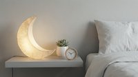 Cozy bedroom nightstand with glowing crescent moon lamp, small succulent plant and alarm clock creating peaceful bedtime atmosphere for relaxation and sleep.