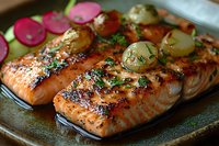 Grilled salmon fillets garnished with fresh herbs, pickled radishes and capers on ceramic plate, showcasing vibrant colors and appetizing char marks for food photography.