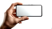 Hand holding modern black smartphone with blank white screen mockup on white background, isolated device display for app or web presentation.