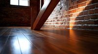 Warm wooden floor against exposed brick wall with diagonal wooden beam and natural light creating atmospheric shadows.