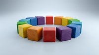 Colorful wooden blocks arranged in circle on white background. Rainbow cube toys for children education and creative play activities.