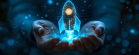 Hands holding glowing blue holographic rocket with energy burst, symbolizing business launch, innovation, and technological advancement in dark space environment.