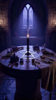 Mystical altar table with pentagram, candle and ritual objects in gothic stone chamber with arched window casting ethereal moonlight for occult ceremonies.