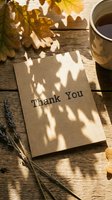 Thank you card on rustic wooden table with autumn leaves, lavender, and tea cup in warm sunlight shadows, cozy fall gratitude concept.