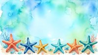 Watercolor summer sea border with colorful starfish, shells, and coral on a soft blue-green background, perfect for cards and banners.