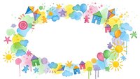 Colorful children toys and elements forming oval frame border on white background. Playful design for kids products, education materials and family content.