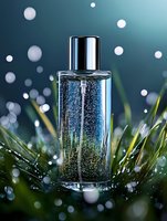 Sparkling glass perfume bottle with bubbles against dark green nature background, fresh grass blades and water drops creating magical atmosphere for fragrance ads.