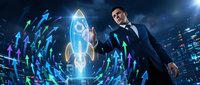 Confident businessman in suit presenting glowing rocket with dollar sign surrounded by upward trending arrows in futuristic digital environment at night.