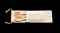 Wooden fork and spoon in a natural cotton drawstring pouch, isolated on transparent background, ready for eco, kitchen, and sustainable lifestyle designs.