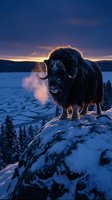 Majestic yak standing on snowy mountain cliff at sunset with dramatic sky and frozen lake valley below creating breathtaking winter wilderness landscape scene.