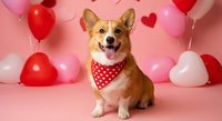 Happy corgi dog wearing red polka dot bandana sitting among heart balloons on pink background for Valentine's Day celebration and pet love concept.