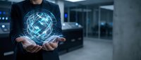 Young adult male professional in dark business suit holding glowing digital globe network sphere in modern office environment, representing global connectivity, international business, technology innovation, and worldwide communication solutions.
