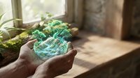 Hands holding glowing green holographic Earth globe with digital network connections in bright indoor space for environmental technology concepts.