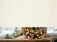 Wooden reindeer figurine on rustic table with blurred festive lights and decorated tree in background, holiday decoration for seasonal displays and celebrations.