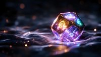 Glowing magical crystal polyhedron with cosmic galaxy effects inside resting on mystical wavy surface with sparkling light particles and bokeh background.