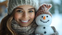 Young Caucasian woman in knit hat and scarf smiling next to decorative snowman with carrot nose and button smile, winter holiday portrait with bokeh lights background.