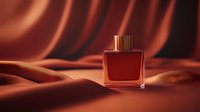 Luxury perfume bottle on silky copper fabric with soft folds and dramatic lighting creates elegant mood for cosmetic and fragrance advertising.