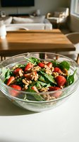 Fresh strawberry and walnut salad with spinach greens in glass bowl on white kitchen counter, ideal for healthy eating, nutrition, and recipe content.