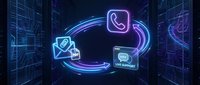 Digital communication cycle with neon phone, email and chat icons connected by glowing purple and blue circular lines in futuristic tech environment.