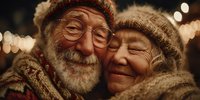 Happy elderly couple embracing warmly in winter clothing with cozy lighting, showing love and togetherness in golden years for holiday greeting cards.