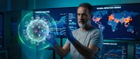 Middle-aged Caucasian male scientist analyzing global virus data on futuristic holographic displays in high-tech laboratory command center for medical research.