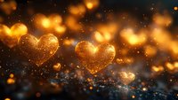 Golden glowing hearts floating with magical sparkles and bokeh lights against dark background, romantic Valentine's day concept for greeting cards and designs.
