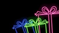 Colorful neon gift boxes with glowing ribbons on black background for holiday celebrations, party decorations and festive marketing campaigns.
