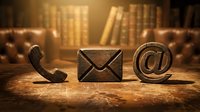 Vintage wooden communication symbols phone envelope and email icon on desk in classic library setting for business contact concepts.