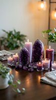 Amethyst crystals and purple candles create serene spa atmosphere on wooden table with soft lighting for meditation and wellness rituals.