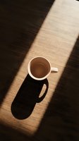 White ceramic mug with coffee on wooden floor with natural sunlight and shadow. Suitable for beverage, morning routine, and lifestyle marketing.