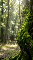 Moss covered tree trunk in sunlit forest with soft bokeh light filtering through green canopy creating peaceful natural woodland atmosphere.