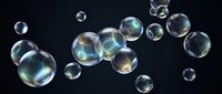 Realistic soap bubbles floating against dark background with rainbow reflections and transparent spherical shapes for creative design projects.