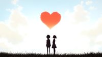 Silhouettes of young couple standing under large red heart in sky, romantic scene with grass field below and soft clouds, minimalist love concept illustration.