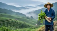 Mature Asian male farmer holding fresh harvested vegetables in terraced mountain agricultural field with misty valley landscape backdrop.