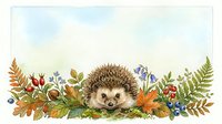 Cute hedgehog surrounded by autumn leaves, ferns, berries and wildflowers on white background. Isolated watercolor illustration for children's designs, nursery decor and seasonal projects.