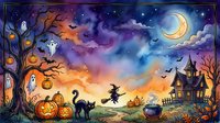 Spooky Halloween night scene with witch flying on broomstick, haunted castle, jack-o-lanterns, ghosts, black cat, and crescent moon in colorful twilight sky. Perfect for seasonal designs.