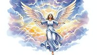 Majestic angel with spread wings floating in heavenly clouds with divine light rays, spiritual guardian figure in flowing robes for religious artwork.