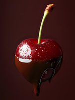 Fresh red cherry with water drops covered in melting dark chocolate on burgundy background, dramatic lighting creates appetizing dessert atmosphere.