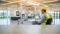 Engineer in yellow safety vest and hard hat operating robotic arm at workstation in modern factory, monitoring automated manufacturing process on laptop in bright industrial facility.