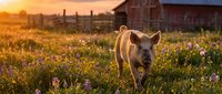 Young wild boar walking through wildflower meadow at golden hour near rustic barn, suitable for nature and wildlife editorial use.