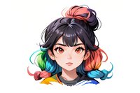 Young Asian anime style female character with multicolored rainbow hair streaks in pigtails, bright amber eyes, and expressive face against white background. Suitable for gaming art.