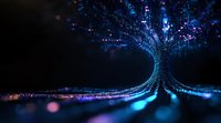Glowing digital particles form curved tunnel shape with blue light trails against dark background, creating futuristic technology visualization effect.