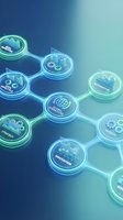 Interconnected glowing spheres with business icons and labels like strategy, innovation, and automation on blue gradient background representing digital network connectivity.