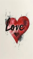 Red heart with black "Love" text and splatter effect on beige background, perfect for Valentine's Day cards, romantic messages, or relationship themes.