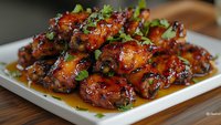 Glazed chicken wings with sticky sweet and savory Asian-inspired sauce garnished with fresh herbs and sesame seeds served on white plate, close up food photography.