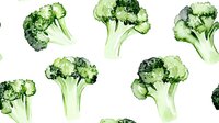 Fresh green broccoli florets arranged in repeating pattern on white background, watercolor style illustration for healthy food and vegetable designs.