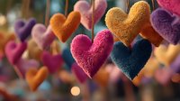 Colorful knitted heart decorations hanging on strings create romantic handmade craft display for Valentine's Day, wedding or love celebration events.