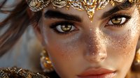 Young woman with golden glitter makeup, dramatic eye makeup and ornate gold crown headpiece against soft lighting, beauty fashion portrait with artistic sparkle effect.