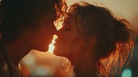 Intimate couple silhouettes with flowing hair backlit by warm golden sunset light creating romantic atmosphere for love and relationship concepts.